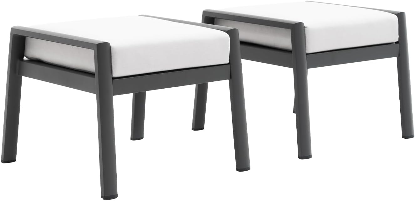 Outdoor Patio Ottoman Set of 2 Outdoor Footrests for Patio Outdoor Aluminum Ottomans and Footstools with Grey Cushions, Dark Grey Frame