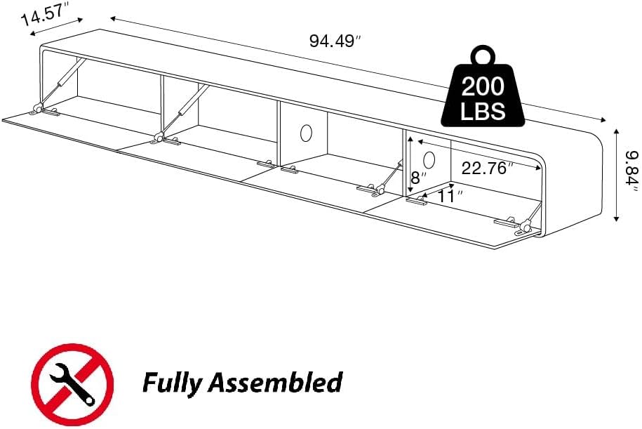 POVISON Fully-Assembled Minimalist Floating TV Stand with LED Lights, Modern Wall-Mounted Media Console with 4 Flip-Down Cabinet Doors for 85 Inch TV, Black Oak, 94"