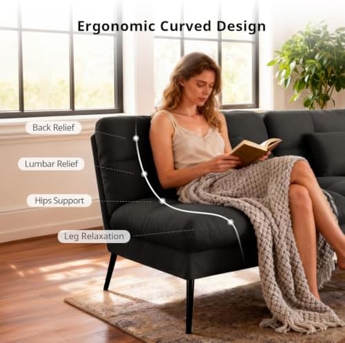 COMHOMA 72″ Convertible Futon Sofa Bed, Adjustable Backrest, Black | Breathable Fabric Futon Couch with Pillows,Multi-angle Ergonomic Reclining,Space-saving Sleeper Sofa for Living Room