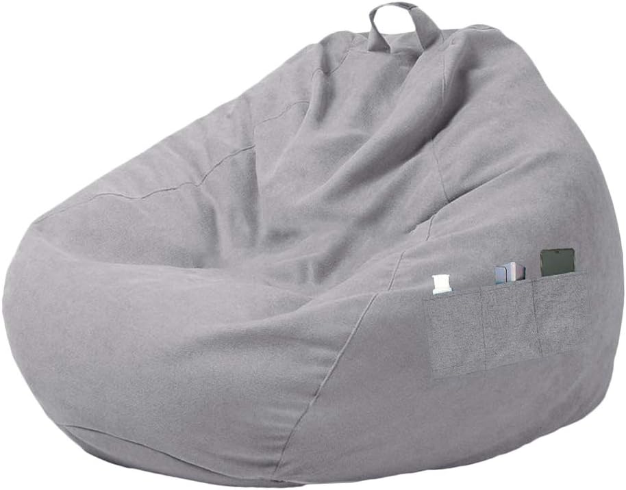 Bean Bag Chair Sofa Cover Without Filler Lazy Lounger High Back Large Bean Bag Storage Chair Couch Cover with Three Side Pockets for Adults and Kids (Dark Gray, XL-39.3x47.2)