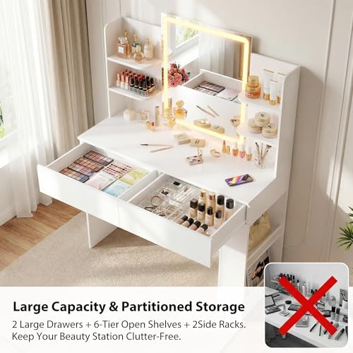 Furmax Vanity Desk with Mirror and LED Lights, White with Bench | Makeup Vanity Table with 3 Lighting Color, Adjustable Brightness, Vanity Table with 2 Drawers, Side Storage, for Bedroom