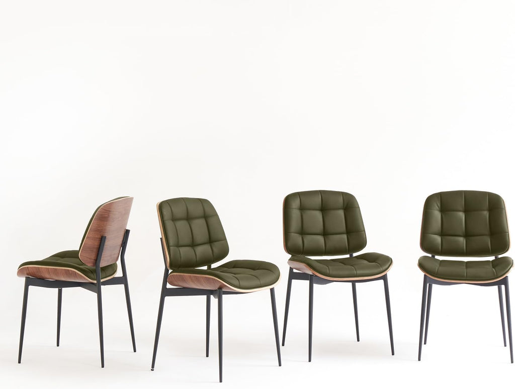 GrandNoor Mid Century Modern Dining Chairs with Walnut Grain Back, Green Faux Leather Dining Room Chairs Set of 4, Checkered Soft Cushion Kitchen Chairs with Adjustable Foot Pads