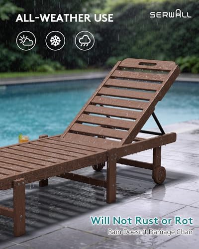 SERWALL HDPE Outdoor Chaise Lounge Set of 2 with Cup Holder & Wheels, Brown