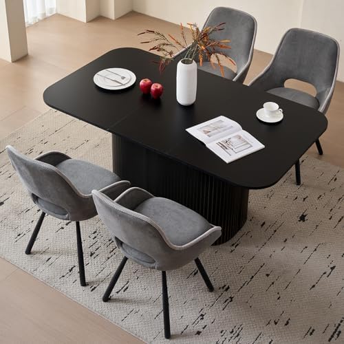 63" Large Oval Corners Dining Table for 4 6, Black | Rounded Corners Metal Frame Grooved Pedestal Base Modern Rectangle Kitchen Dinner Dining Table Wood-Patterned Surface