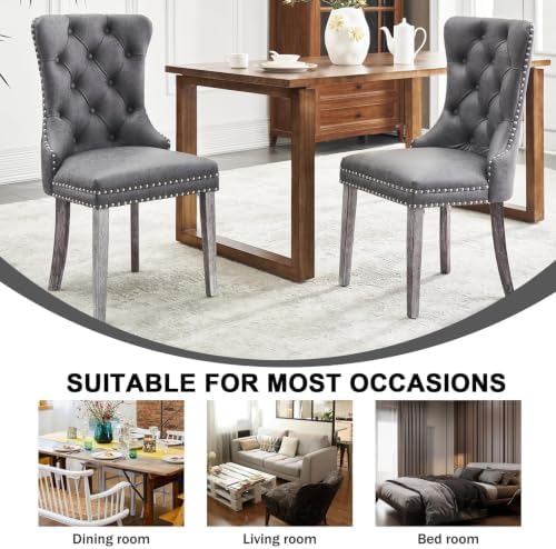 Leather Dining Chairs, Upholstered Dining Room Chairs, Grey, Set of 6 | Dining Chairs Set of 6, Leather Fabric, High Wing Back, Metal Pull Ring, Wood Frame, Mid Century Modern