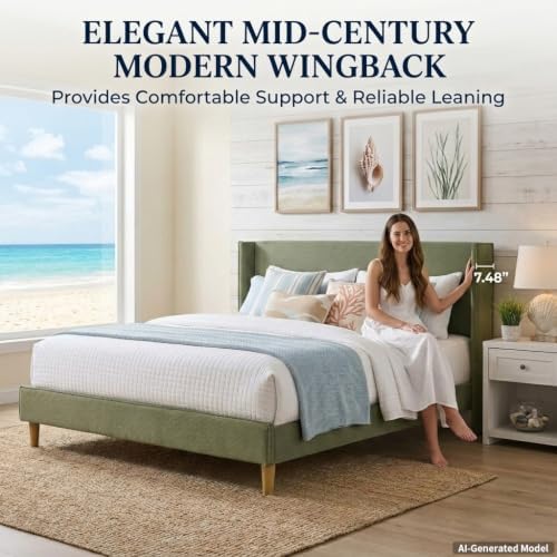 King Corduroy Upholstered Platform Bed with Headboard Wingback, Turtle