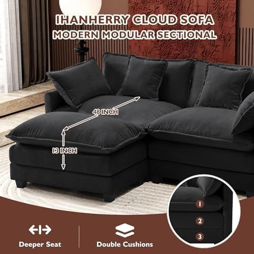 Ihanherry 111.4" L Shaped Modern Sofa Modular Sectional Cloud Couch with Ottoman, 4-Seat Chenille Deep Seat Sofa with Pillow for Living Room, Bedroom and Apartment, Black