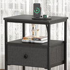 VECELO Nightstands with Charging Station Set of 2,Bedside Tables with Storage Shelf&Fabric Drawer,End Tables for Bedroom,Living Room,Small Spaces,Black