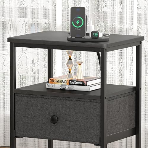 VECELO Nightstands with Charging Station Set of 2,Bedside Tables with Storage Shelf&Fabric Drawer,End Tables for Bedroom,Living Room,Small Spaces,Black