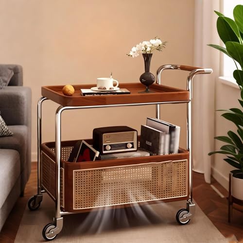 Brown Wood Rolling Side Table - 2-Tier Multi-Functional Utility Cart with Rattan Basket & Handle for Living Room, Bedroom, Home Organization, Modern Decor