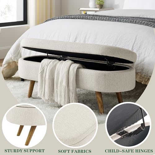 43.5" Ottoman with Storage, Storage Ottoman Bench with Safety Hinge, Linen End of Bed Bench, Upholstered Entryway Bench for Bedroom, Living Room & Window, Holds up to 330 lb, Beige