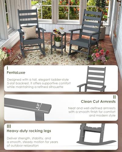 GREENVINES Outdoor Rocking Chairs Set of 2, HDPE Porch Rockers, Grey | Big & Tall | Heavy Duty Patio Rocker Chair | All Weather | Low Maintenance | 350LBS Capacity for Balcony Garden Backyard