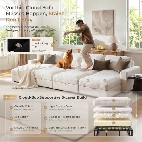 Cloud Couch Sectional 146.5'' Oversized Modular Deep Seat Sofa Bed Comfy White Cloud Couch with Washable Cover for Living Room 4 Seater with 4 Ottoman