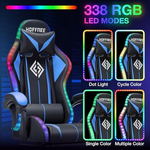 RGB Gaming Chair with Bluetooth Speakers and LED Lights Computer Chair-Blue | Ergonomic Massage Game Chair with Footrest High Back Music Video Game Chair for Adults Boys Gamer Chairs with Lumbar Support