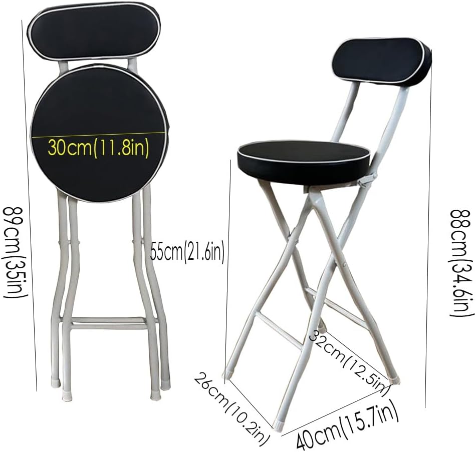Portable Folding Stool, Non-Slip Feet, Kitchen Folding Stool with Backrest, Padded, Folding Round Stool for Adults Kitchen Garden Bathroom(Black+White,55cm/22in)