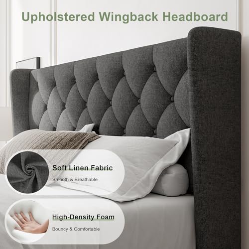 Feonase Full Size Bed Frame with Upholstered Wingback Headboard, Platform Bed and Heavy Duty Wooden Slats Support, Easy Assembly, Noise-Free, No Box Spring Needed, Dark Gray