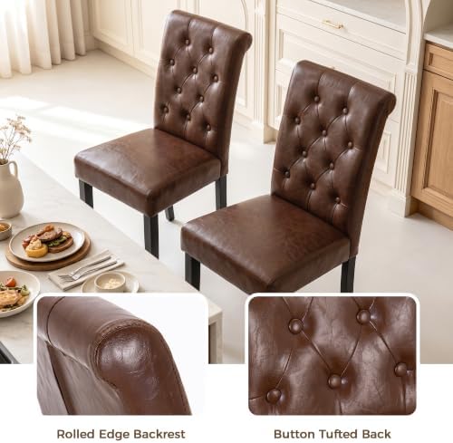 LSSPAID Dining Chairs Set of 6, Modern Armless Parsons Side Chairs, Upholstered Button-Tufted PU Leather Dining Kitchen Chairs with Solid Wood Legs, Brown