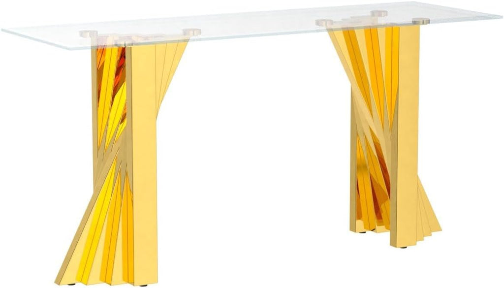 60" Gold Console Table, Entryway Table with Clear Tempered Glass | Modern Glam, Elegant Beveled Edge, Polished Stainless Steel Geometric Base, Long Sofa Table for Living Room, Hallway, Foyer