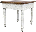 Pemberly Row Solid Wood Hand Carved End Table, 24 in x 24 in x 24 in, Brown Top, Ivory Base, Floral Carving Design, Traditional Transitional Style Accent Table for Living Room or Bedroom