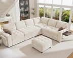 Vipbear 7 Seat L Shaped Modular Sectional Sleeper Sofa Bed with Ottoman/Pull Out Bed/Reclining Backrest/USB Ports/Table/LED Light/Storage Seat, Tool-Free Assembly, Chenille Beige