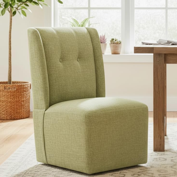 Rolling Dining Chair with Casters, Modern Upholstered Armless High Back Swivel Chair on Wheels for Dining Room, Kitchen, Living Room (Green)