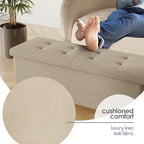 Storage Ottoman Bench with Bins, 43-in Storage Bench for Bedroom End of Bed, Folding Foot Rest Ottoman for Living Room Max 660lbs, Fabric Ottomans, Beige