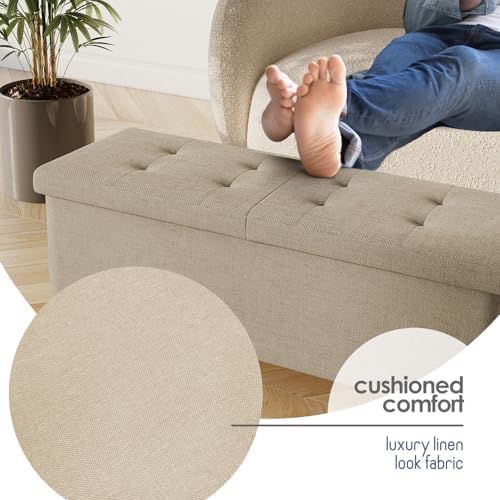 Storage Ottoman Bench with Bins, 43-in Storage Bench for Bedroom End of Bed, Folding Foot Rest Ottoman for Living Room Max 660lbs, Fabric Ottomans, Beige