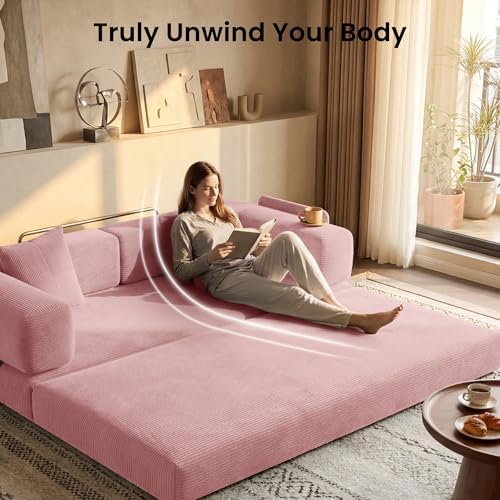 78.8" Convertible Futon Sofa Bed, Couch for Living Room | Corduroy Loveseat Sleeper Sofa, Modular Futon Couch with Storage Pocket, Pull Out Couch No Assembly | Pink