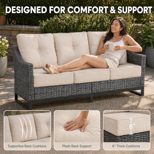Outdoor Wicker 3-Seat Sofa, All-Weather PE Rattan Patio Couch with Cushions & Metal Frame for Backyard, Porch, Garden, Deck, Beige