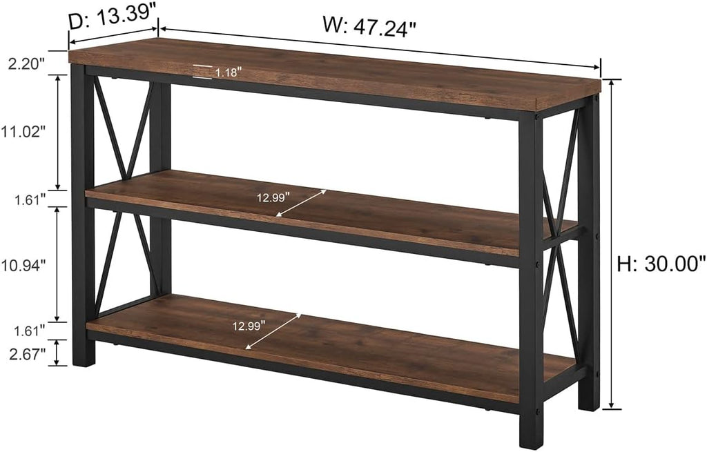 BON AUGURE 47” Narrow Console Table, 3 Tier Sofa Table Behind Couch, Rustic | Entryway Table with 3 Open Shelves, Industrial Steel Frame Entry Tables for Hallway, Foyer, Living Room, or Behind the Couch