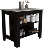 Kitchen Island with Three Storage Shelves and Marble Finish | Three open storage shelves and marble effect surface for organized kitchen storage