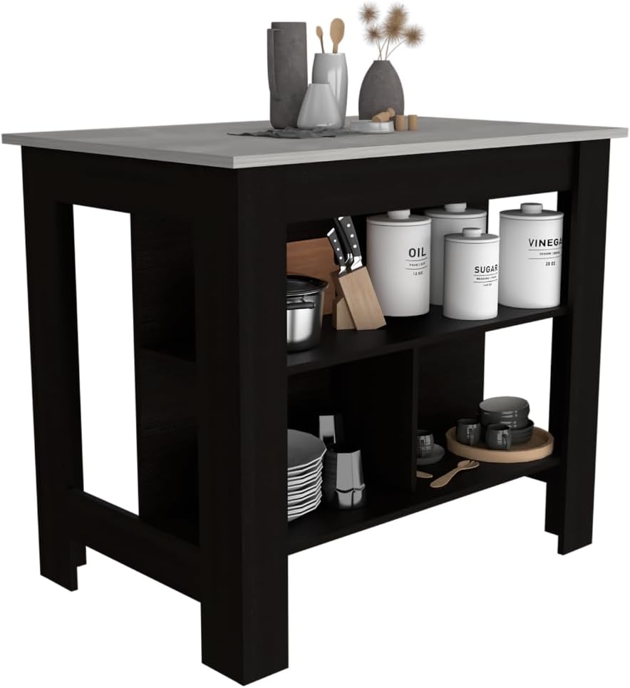 Kitchen Island with Three Storage Shelves and Marble Finish | Three open storage shelves and marble effect surface for organized kitchen storage