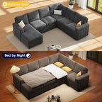 104" Sectional Sleeper Sofa Bed, 7 Seat Pull Out Couch with Storage, Gray | U Shaped Sectional Couches for Living Room, Apartment and Guest Room, Chenille Upholstered Sectional Couch