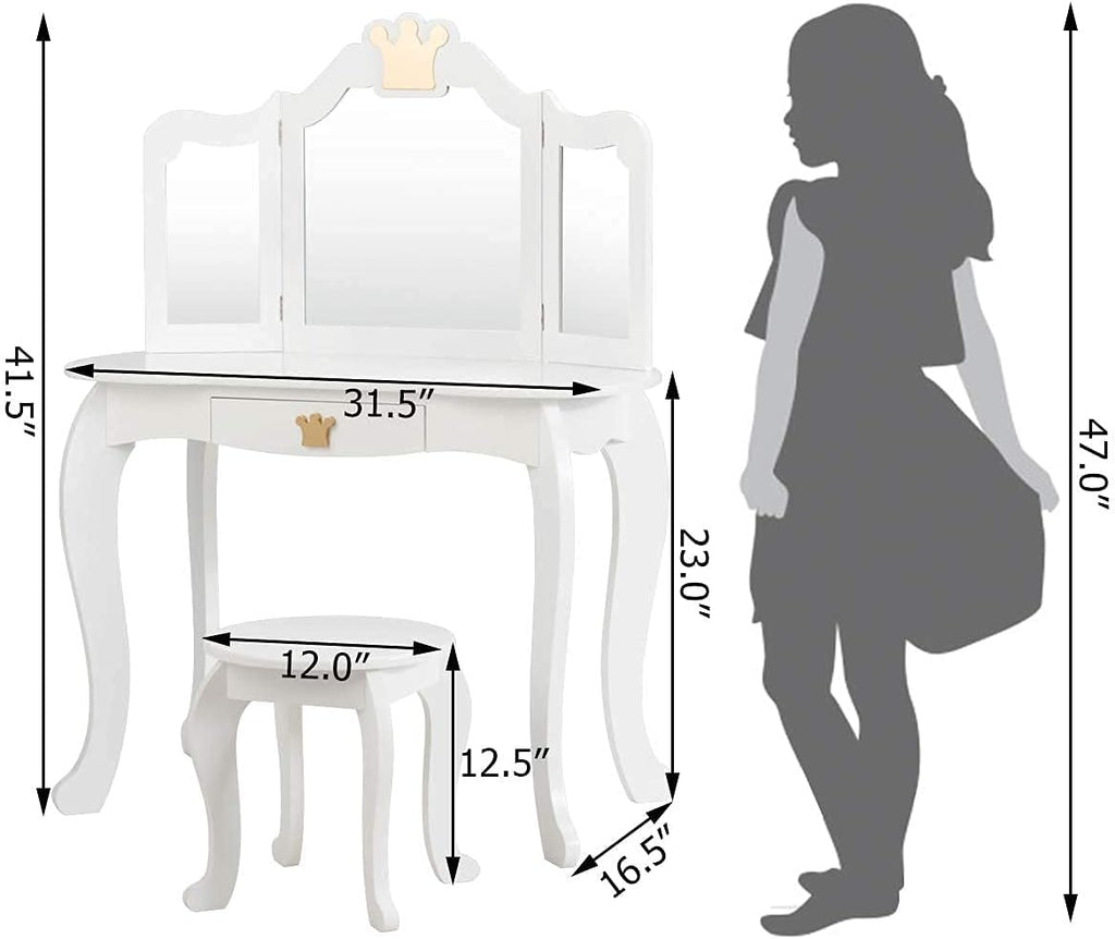 HONEY JOY Kids Vanity, Crown Themed Toddler Dressing Makeup Table and Chair Set w/Drawer & Tri-Folding Mirror, Detachable Mirror, Princess Pretend Play Girls Vanity Set with Mirror and Stool(White)