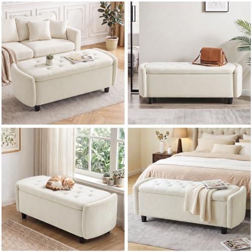 Furniliving 46.5‘’ Chenille Storage Bench, Button-Tufted Upholstered Storage Ottoman Bench with Safety Hinge, End of Bed Bench for Bedroom Entryway Living Room, Beige