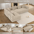 DAMAIFROM Convertible Sleeper Sofa Bed Floor Couch, Light Brown | 158" Corduroy Modular Compressed Futon Sofa Bed, Pull-Out Cloud Sectional Couch with Memory Foam Mattress for Living Room