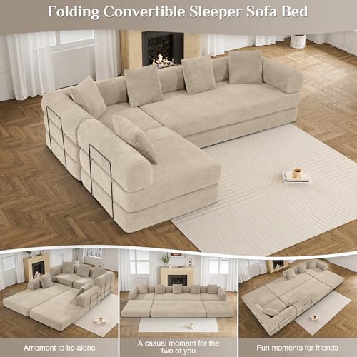 DAMAIFROM Convertible Sleeper Sofa Bed Floor Couch, Light Brown | 158" Corduroy Modular Compressed Futon Sofa Bed, Pull-Out Cloud Sectional Couch with Memory Foam Mattress for Living Room