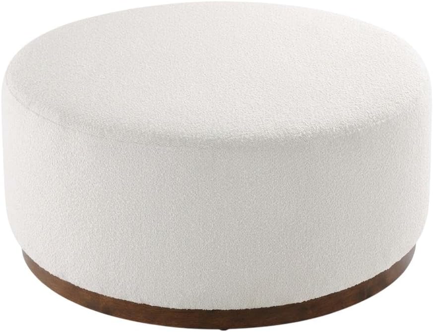 Brown Round Boucle Upholstered Ottoman, 38-Inch Diameter, Cushioned Top, Durable Fabric, Stylish Outdoor Furniture, Ideal for Patio Lounge