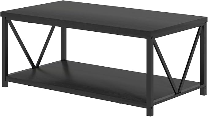 EXCEFUR Small Coffee Table, Modern Living Room Tables with Storage Shelf, Rustic Wood Rectangle Center Table, 2 Tier Wooden Low Cocktail Tea Table for Small Spaces, 39.3 Inch Black Oak