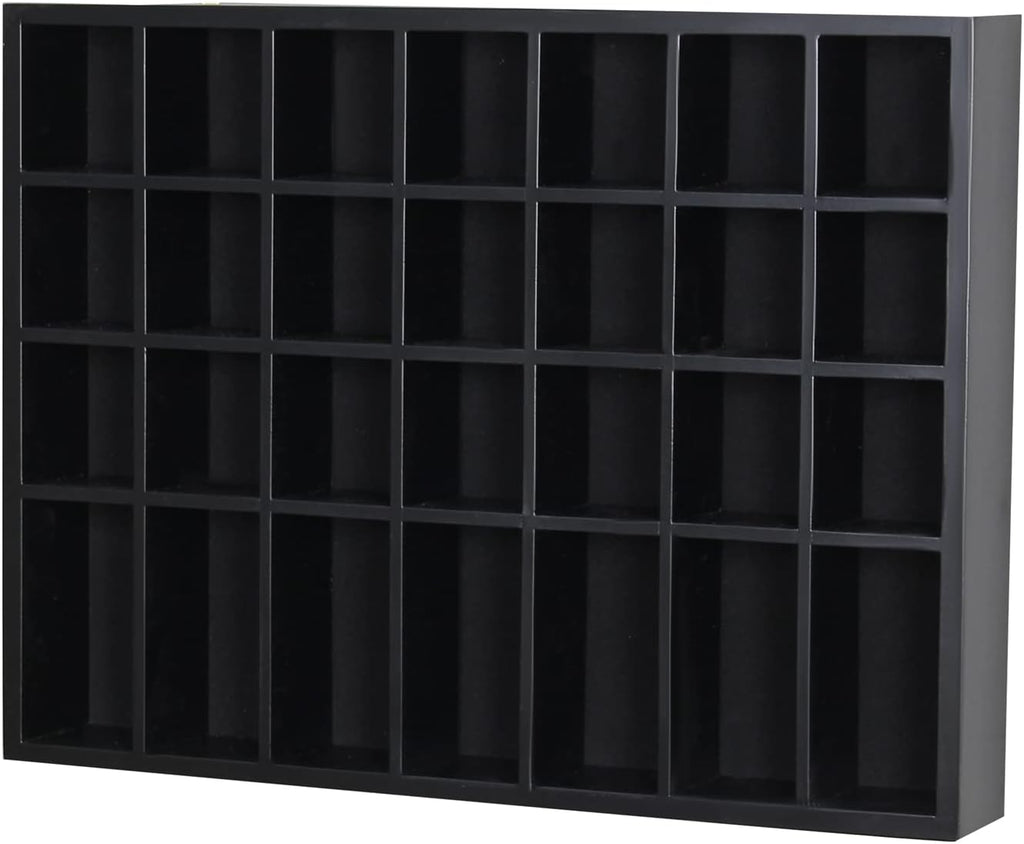 Black Shot Glass Display Case 18" x13" Solid Wood Wall Mounted Collection Cabinet 28 Slots Small Curio Cabinet Rack (No Door)