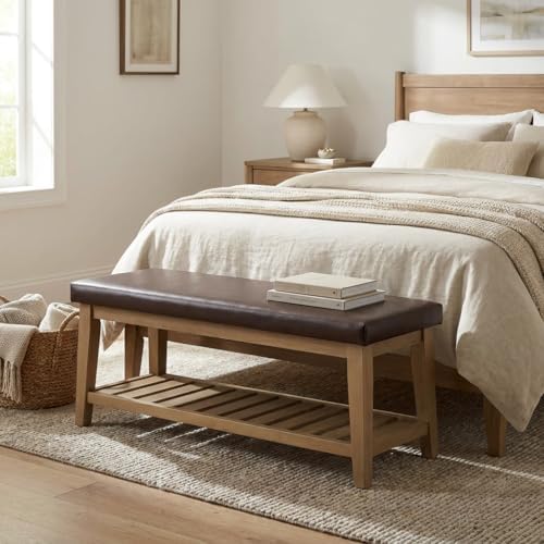 HUIMO Entryway Shoe Bench with Cushion, End of Bed Bench,Upholstered Bench for Kitchen, Bench with Solid Wood Shelf, Leather Ottoman Bench for Hallway, Living Room (PU-Brown)