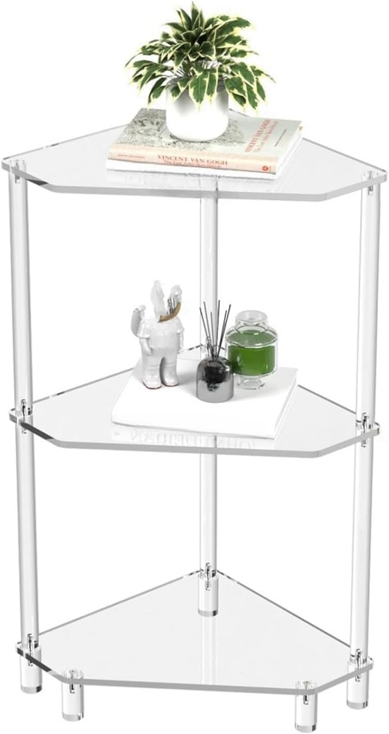 65cm / 25.6in Clear Acrylic Triangle End Table,3 Tier Acrylic Corner Side Table with Tempered Glass Shelfr,for Living Room Bedroom, Corner Display Rack Storage