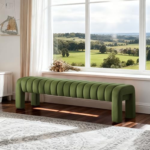 63’’ Bedroom Bench, Upholstered End of Bed Bench with Solid Wood Legs, Modern Dining Bench with Full Covered Fabrics for Entryway, Bedroom, Living Room (Green, Velvet)