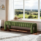 63’’ Bedroom Bench, Upholstered End of Bed Bench with Solid Wood Legs, Modern Dining Bench with Full Covered Fabrics for Entryway, Bedroom, Living Room (Green, Velvet)