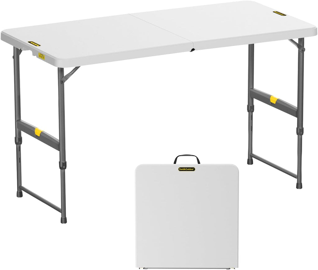 FanttikOutdoor Folding Table 4 Foot Quick Adjust Portable Plastic 4 Heights | Effortless Adjustable Height Small Card Table, Fixing Lock, Indoor Outdoor Use for Party Camping, 1 Pack White Zeta X4 Pro