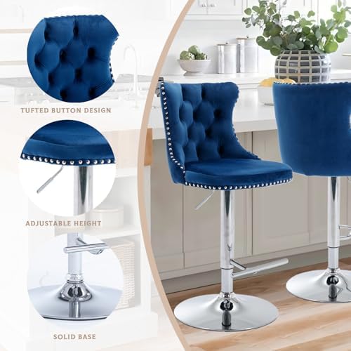 33’’ Velvet Swivel Bar Stools Set of 2 Kitchen Counter Adjustable Height Upholstered Barstools with Silver Leg and Back for Kitchen Island, Bar, Dining Room(Blue-Silver Leg,Set of 2)