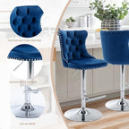 33’’ Velvet Swivel Bar Stools Set of 2 Kitchen Counter Adjustable Height Upholstered Barstools with Silver Leg and Back for Kitchen Island, Bar, Dining Room(Blue-Silver Leg,Set of 2)