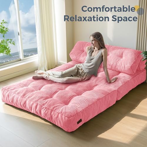MAXYOYO Folding Sofa Bed, Convertible Chair Bed with Pillow | Foldable Couch with Back Support, Portable Fold Out Chair Comfy Floor Sofa for Living Room Bedroom, Pink, Double