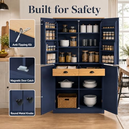 71" Tall Kitchen Pantry Storage Cabinet with 8 Door Shelves and 2 Storage Compartments, Two-Tone Freestanding Food Pantry Cabinet with Adjustable Shelves for Kitchen, Dining Room
