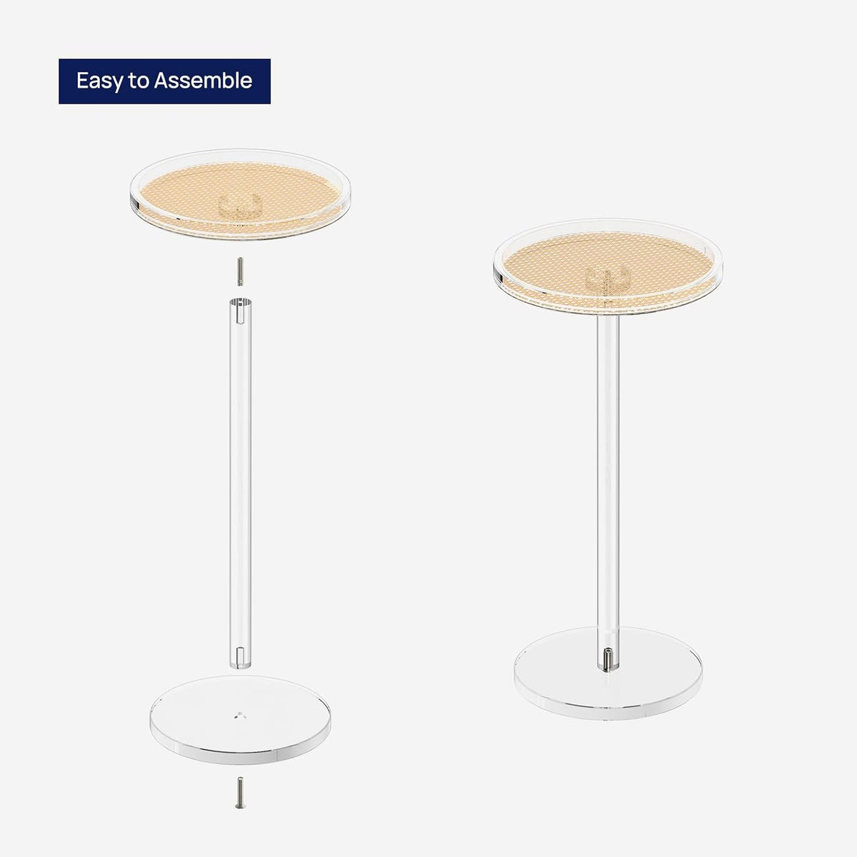 HMYHUM Acrylic Rattan Drink Table for Small Spaces, 11.8'' L x 11.8'' L x 24'' H, Round Coffee Martini Drink Side Table with Pedestal for Living Room, Corners, Sofa, Clear, Easy Assembly